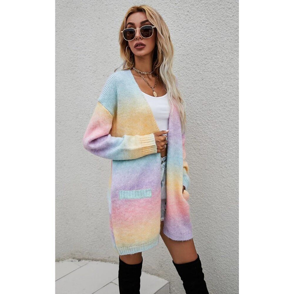 Women’s Color Block Cardigan Sweater Knit Long Sleeve Open Front Casual - Picture 5 of 8
